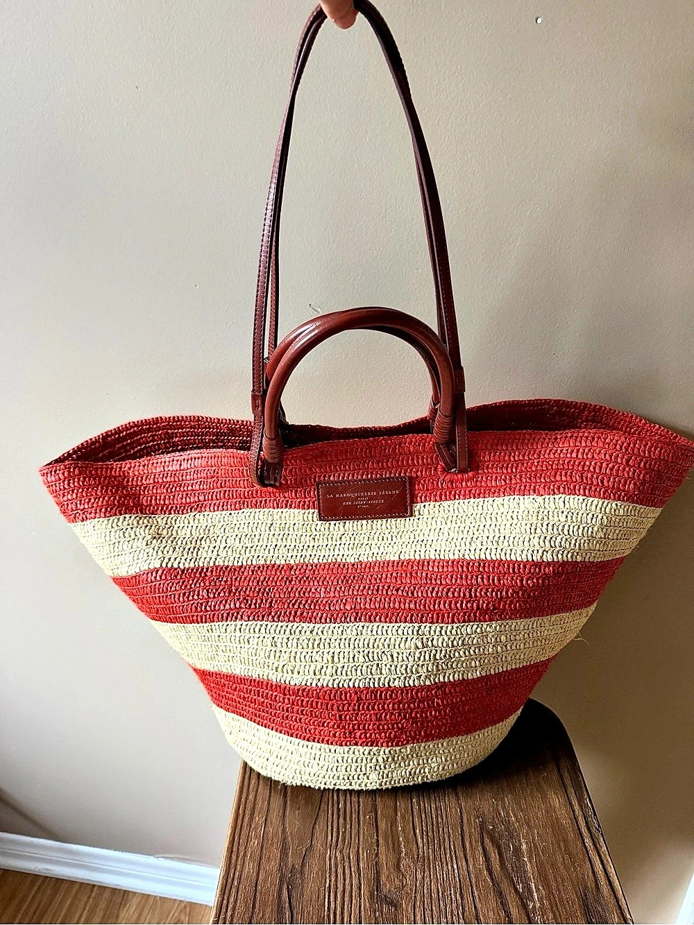 Sezane Striped Straw Tote / basket in Red & Cream